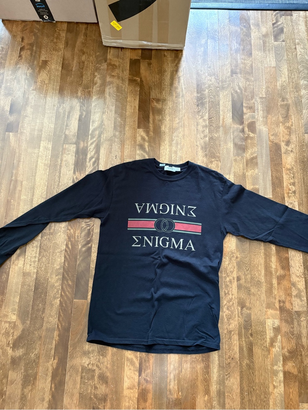 Topman Black Long Sleeve Graphic 'ENIGMA' Tee with Red Stripe